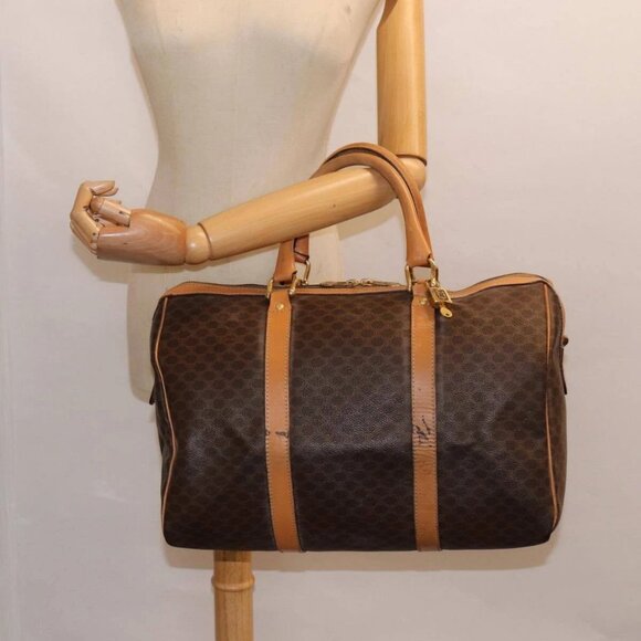 CELINE Macadam Canvas Boston Bag PVC Leather Brown Auth - Picture 1 of 16